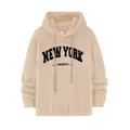 Felpa con cappuccio oversize in peluche beige uomo con ricamo New York elegante - S / Tops / Cachi