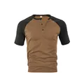 Men's trendy color-block short sleeve Henley shirt featuring a brown body and black sleeves - S / Tops / Camel