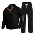 Men's 2-piece casual set featuring black half-button pullover and matching drawstring joggers - S / Top And Bottom / Black With Black