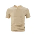 Men's khaki Henley V-neck short sleeve t-shirt with textured fabric and chest pocket - Khaki Top Front / S