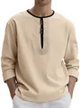 Beiges Herren-Leinen-Henleyshirt mit schwarzen Details und dekorativer Stickerei im Detail - S / Tops / Khaki