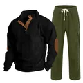Men's black corduroy sweatshirt and olive cargo pants casual two-piece set - S / Top And Bottom / Black with Army Green
