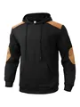 Detailansicht eines schwarzen Herren-Quilt-Hoodies mit braunen Schulter- und Ellbogenpatches - S / Tops / Schwarz