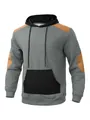 Detailansicht grauer gesteppter Herren-Hoodie mit schwarzer Tasche und Aufnähern - S / Tops / Grau