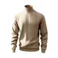 Vista ravvicinata di un maglione a collo alto beige da uomo con calda trama a trecce - S / Tops / Cachi