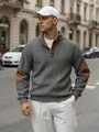 Maglione Henley da uomo in maglia jacquard grigia con eleganti toppe sui gomiti marroni - S / Tops / Grigio
