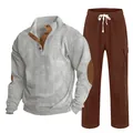Men's two-piece ribbed tracksuit set with grey button sweatshirt and brown cargo pants - S / Top And Bottom / Grey with Brick Red