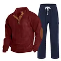 Men's ribbed lounge set with burgundy button-collar pullover and navy drawstring pants - S / Top And Bottom / Wine Red and Navy