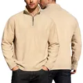 Beige Fleece-Sweatshirt für Herren mit halbem Reißverschluss, Vorder- und Rückansicht. - S / Tops / Khaki