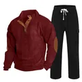 Men's casual sports set with burgundy textured sweatshirt and black drawstring cargo pants - S / Top And Bottom / Burgundy & Black