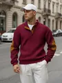 Maglia Henley uomo in maglia jacquard bordeaux con eleganti toppe sui gomiti color cuoio - S / Tops / Rosso Scuro