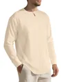 Casual heren Henley-shirt met lange mouwen van crème linnen met verticale plooien op de borst - S / Tops / Khaki