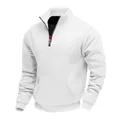 Vista dettagliata di una felpa bianca con colletto rialzato, mezza zip e tasca - S / Tops / Bianco