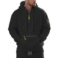 Detail view of black men's hoodie showing neon yellow zipper pulls and sleeve pocket. - M / Tops / Black