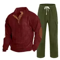 Men's two-piece corduroy casual suit with maroon pullover and olive green pants - S / Top And Bottom / Wine Red with Army Green
