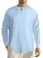 Men's light blue long-sleeved linen Henley shirt with vertical pleated front design - S / Tops / Light Blue