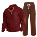 Men's two-piece corduroy tracksuit set featuring burgundy pullover and brown pants - S / Top And Bottom / Wine Red with Brick Red