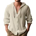 Dettaglio della camicia in lino da uomo con cappuccio, bottoni e coulisse regolabile - S / Tops / Cachi