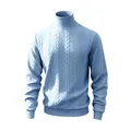 Dettaglio di un maglione da uomo a collo alto azzurro con classica trama a treccia - S / Tops / Celeste