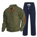 Men's casual army green half-button ribbed pullover and navy blue corduroy pants set - S / Top And Bottom / Army Green and Navy