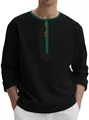 Lässiges langärmeliges Leinen-T-Shirt für Herren in Schwarz mit grünem Kragenbesatz - S / Tops / Schwarz
