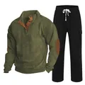 Two-piece men's casual set with green button-collar pullover and black sweatpants - S / Top And Bottom / Army Green and Black
