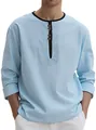 Comfortable loose light blue linen-blend long-sleeve t-shirt with button collar for men - S / Tops / Light Blue