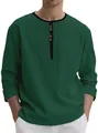 Premium mens casual dark green long sleeve linen t-shirt with mandarin collar detail - S / Tops / Army Green