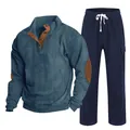Two-piece men's blue corduroy sweatshirt and navy cargo pants leisure athletic set - S / Top And Bottom / Denim Blue and Navy