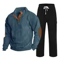 Men's two-piece corduroy tracksuit set featuring blue button-up top and black pants - S / Top And Bottom / Denim Blue with Black
