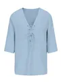 Detailed view of the light blue cotton linen V-neck lace-up shirt with 3/4 sleeves. - S / Tops / Light Blue