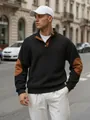 Dettaglio di un maglione henley in maglia jacquard nera da uomo con toppe marroni - S / Tops / Nero