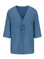 Detail van een blauw herenoverhemd van katoen en linnen met V-hals en vetersluiting - S / Tops / Aqua