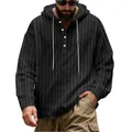 Close-up of black striped men's linen hoodie with button henley collar and drawstring. - S / Top (LT-16) / Black