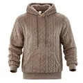Men's brown jacquard teddy fleece hoodie with kangaroo pocket and drawstring hood. - S / Tops / Brown