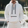 Comfortable white men's thick fleece hooded tracksuit set with orange zipper accents - M / Tops / White
