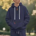 Men's navy blue fleece hooded sweatshirt with orange zippers and functional sleeve pocket - M / Tops / Navy Blue