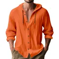 Men's casual orange long-sleeved linen hooded shirt with button closure details - S / Tops / Orange Red
