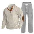 Men's autumn beige corduroy sweatshirt and grey pants two-piece casual sport set - S / Top And Bottom / Apricot with Grey