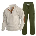 Men's two-piece tracksuit set with beige half-button sweatshirt and green cargo pants - S / Top And Bottom / Apricot with Army Green