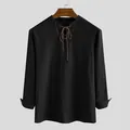 Vintage heren shirt met lange mouwen van zwart katoen met V-hals en veterontwerp - S / Tops / Zwart