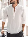 Men's solid white cotton linen Henley shirt with stand collar and long sleeves fashion - S / Tops / White