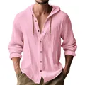 Stylish men's casual pink linen hooded long-sleeve button-down shirt for spring - S / Tops / Pink