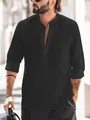 Men's black slub cotton linen Henley shirt with stand collar and button placket - S / Tops / Black
