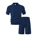 Ensemble bleu marine pour homme avec polo à texture jacquard et short de loisirs - S / Haut Et Bas / Bleu marine