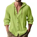 Men's casual lime green linen hooded long sleeve button-up shirt for spring and autumn - S / Tops / Yellow-Green