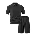 Ensemble deux pièces décontracté pour homme en jacquard noir avec polo et short - S / Haut Et Bas / Noir