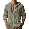 Men's casual olive green hooded linen shirt with long sleeves and buttons for spring - S / Tops / Army Green