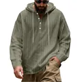 Casual men's olive green vertical striped linen hoodie with buttons and drawstring - S / Top (LT-16) / Army Green