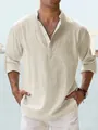 Men's casual cream cotton long sleeve Henley shirt with button placket and retro style - S / Tops / Apricot